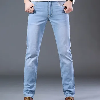 2023 Топовые мужские джинсы классического стиля Весна Лето, деловые повседневные светло-голубые мужские брюки из эластичного хлопкового денима