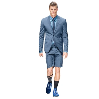 Синий мужской костюм, смокинг, Летний блейзер с зубчатым отворотом и короткими брюками, сшитый на заказ, Модный подиумный приталенный повседневный мужской комплект из 2 предметов