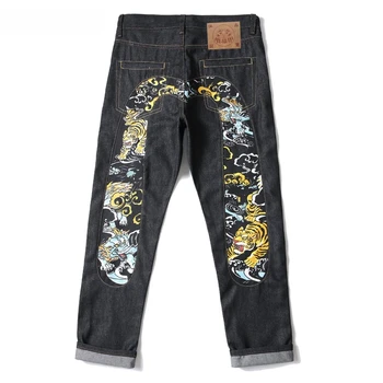 Модные фирменные джинсы с принтом для мужчин и женщин, повседневная тонкая прямая трубка, национальный тренд, выстиранные свободные универсальные брюки