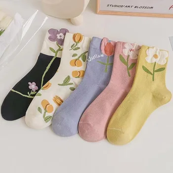 5 Пар цветочных весенне-летних женских носков в стиле ретро для женского колледжа, милые Кавайные милые винтажные носки с цветочным рисунком