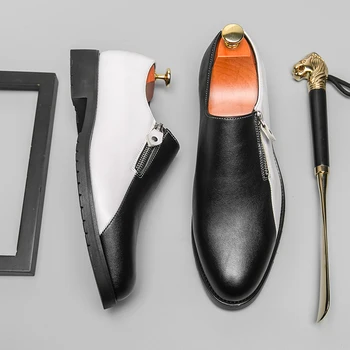 Мужские модельные туфли из искусственной кожи, Размер 38-46, кожаные туфли для мужчин, официальная обувь, деловые туфли на молнии, черные, белые, ручной работы, новинка