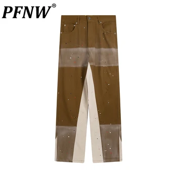 PFNW/ Весенне-летние Мужские джинсовые брюки с деконструированным рисунком Harakuju Контрастного цвета, Прямые Повседневные Джинсы Нишевого дизайна 12A9089