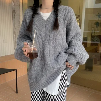Мягкий клеевой свитер с V-образным вырезом, женский осенне-зимний пуловер с эффектом ленивого ветра