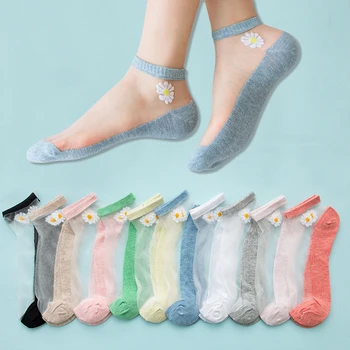 5 пар шелковых носков с кружевом на щиколотках, ультратонкие женские прозрачные носки из стекловолокна, модный цветок маргаритки в стиле харадзюку, милый стиль, новинка
