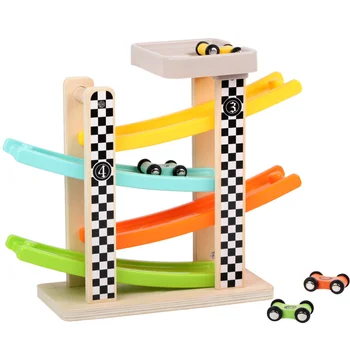 Деревянная четырехколейная скоростная инерционная глиссерная машинка для раннего обучения детей, развивающая мини-игрушка-автомобиль с откидной дорожкой