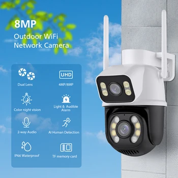 Интеллектуальная видеокамера 4K 8MP Инфракрасного ночного видения с двумя объективами Наружный Wifi Монитор Cam IP65 Водонепроницаемый Звуковой сигнал Удаленный Мониторинг