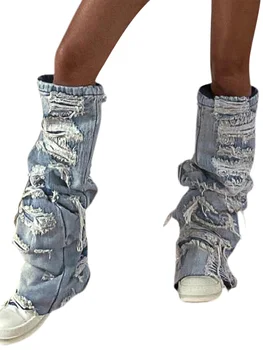 Женские джинсовые гетры 80-х, рваные джинсовые гольфы до колена, чехол Harajuku, Эстетический готический чехол для ног, Чулки, Уличная одежда