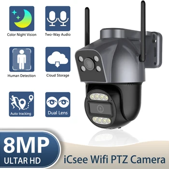 6-Мегапиксельная двухобъективная PTZ Wifi камера наружного беспроводного видеонаблюдения 4K Защита безопасности Ai Human Detect Автоматическое отслеживание ICSEE App
