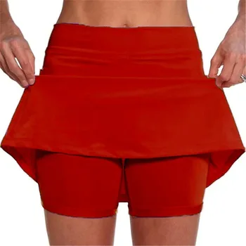 Тренировочные однотонные брюки-юбка со средней талией, спортивные трехточечные шорты для йоги, облегающие брюки Skort, женская одежда для тенниса в спортзале