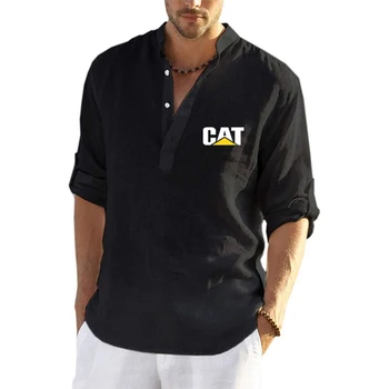 2023 Новый Летний Топ С Логотипом CAT Caterpillar, Хлопчатобумажный Льняной Топ С V-образным вырезом на Шнурке и Длинным Рукавом, Однотонная Повседневная Модная Рубашка