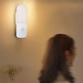 Светодиодный ночник с датчиком движения PIR, умная лампа, USB-зарядка, прикроватный светильник для спальни, ванной комнаты, коридора, шкафа. Освещение