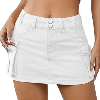 Сексуальные джинсовые юбки с низкой талией для женщин, модная однотонная тонкая мини-юбка трапециевидной формы, женская винтажная джинсовая юбка-карго с карманами