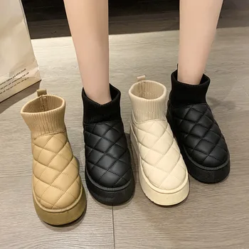 НОВЫЕ зимние ботинки; Женская Бархатная Утепленная Зимняя мода 2023 года; Теплая Хлопковая обувь без застежки с короткими рукавами; Зимние ботинки-Угги