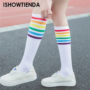 Кавайные сексуальные радужные носки для ног, женские чулки, разноцветные полосатые носки выше колена, женские носки для девочек, гольфы выше колена