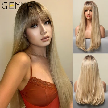 GEMMA Омбре, коричневый Блондин, Золотистый Синтетический парик с челкой, натуральные Длинные прямые парики для косплея для женщин, высокотемпературные искусственные волосы
