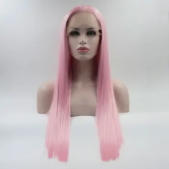 Розовый парик из прямых синтетических волос на кружеве, Бесклеевое Термостойкое волокно, натуральные волосы без пробора для белых женских париков