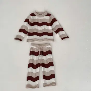 Angoubebe 555S166 Для новорожденных Девочек, Вязаный свитер с волнистыми полосками, комбинированные Длинные брюки в комплектах