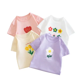Одежда для маленьких девочек 2-8 лет, летняя хлопковая футболка, топ с коротким рукавом для младенцев, футболка с мультяшным цветочным принтом, Детская футболка