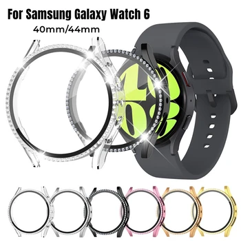 Чехол с бриллиантами + закаленное стекло для Samsung Galaxy Watch 6 5 40 мм 44 мм Защитная пленка для экрана с полным покрытием, жесткий чехол для ПК, пленка для часов