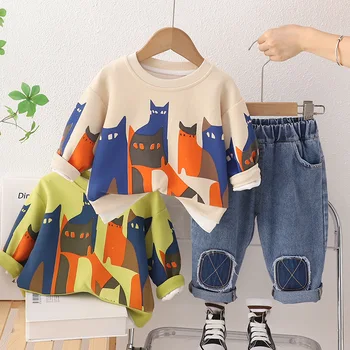 2023 Весенне-осенний Комплект одежды для мальчиков с Мультяшным Медведем, хлопковый пуловер, Свитер + брюки, 2 предмета одежды, спортивные костюмы для малышей