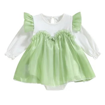 Платье-боди для новорожденной девочки, весенне-осенняя одежда, комбинезон принцессы контрастного цвета с длинными рукавами и рюшами для малышей, детская одежда