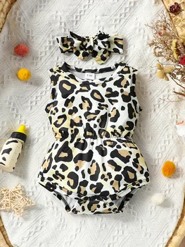 Комплект детской летней одежды без рукавов с леопардовым принтом и повязкой на голову из 2 предметов для маленьких девочек