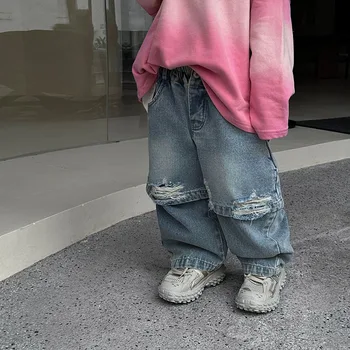 Осенняя новинка 2023 года, корейское издание детских повседневных джинсов с дырочками для мальчиков, свободные брюки 4-55