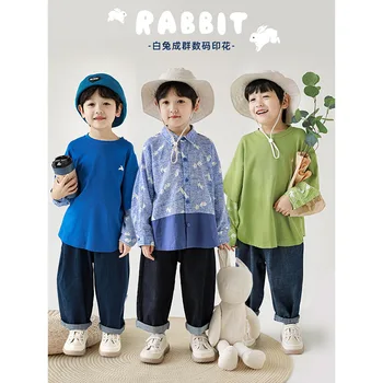Детская футболка с вышивкой кролика, красивый осенний тренд с длинным рукавом для мальчиков