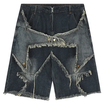Джинсовые шорты Harajuku Vintage с функциональной вышивкой в виде звезды, мужские негабаритные Солнечные Бермуды, Повседневные шорты, студенческие брюки Y2K