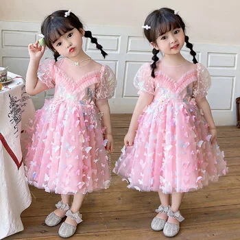 Новые вечерние платья для дня рождения маленьких девочек, летняя Детская одежда с бабочками и блестками, Милый красочный костюм для малышей