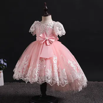 Новогоднее вечернее платье 2023 года для девочек, юбка со шлейфом, Сетчатая вышивка в западном стиле, бальное платье с бантом для детей 1-6 лет