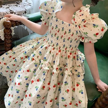 Милое платье принцессы для девочек в цветочек, Летние повседневные платья с пышными рукавами и цветочным рисунком для девочек, Новая корейская модная детская одежда Vestidos