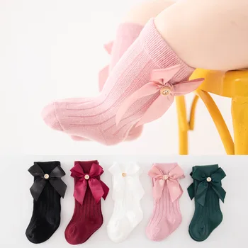 Детские носки с длинным рукавом и большим бантом для девочек, осенне-зимние новые однотонные детские носки из чесаного хлопка, детские носки