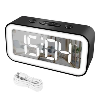 Цифровой будильник, зеркальные Электронные светодиодные часы с регулируемой яркостью, будильники с функцией повтора на 12/24 часа для спален (черные)