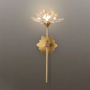 Роскошный хрустальный настенный светильник LED в китайском стиле в форме лотоса, лампа для спальни, креативное украшение гостиной, зеркальный светильник в стиле домашнего декора на крыльце