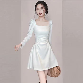 Белое женское платье Осень-зима, плиссированное тонкое платье трапециевидной формы с длинным рукавом, модное элегантное платье для пригородных поездок, красивое короткое сказочное платье на каждый день