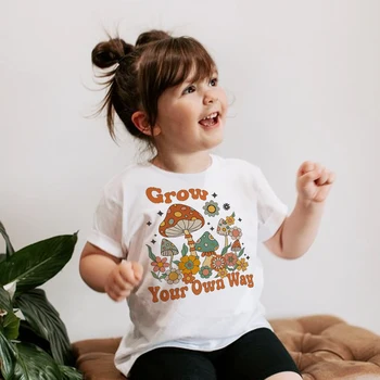 Футболка с принтом Grow Your Own Way, футболка с грибами для малышей, летняя одежда для девочек, детские футболки, топы, детская одежда с коротким рукавом