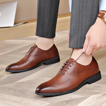 2024 Мужские модельные туфли Офисные Деловые свадебные Коричневые Черные Роскошные Официальные оксфорды на шнуровке Мужская обувь