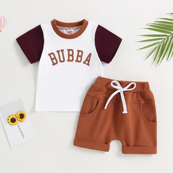 Летняя одежда для маленьких мальчиков, футболка контрастного цвета с короткими рукавами и буквами + шорты с эластичным подолом, комплект летней повседневной одежды для малышей