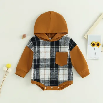 Боди с капюшоном для новорожденного мальчика, осенняя одежда, детский комбинезон в клетку с длинным рукавом в стиле пэчворк для детей, детские товары, одежда