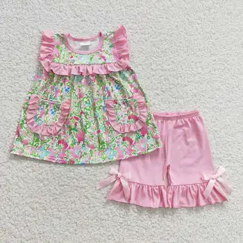 Летняя одежда для девочек, розовый костюм с принтом, топ с короткими рукавами, шорты, летнее платье с цветочным рисунком для девочек, мода 2023, Новый стиль