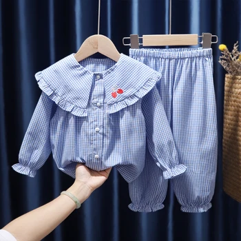 2023 Комплект домашней одежды в клетку для маленьких девочек, пижамный комплект из чистого хлопка, детские летние пижамы