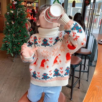 Свитер для девочек 2023, Новый утепленный пуловер, модная зимняя одежда для малышей, рождественский вязаный топ с теплым высоким воротником для детей