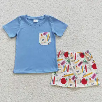 Летние комплекты Back To School для маленьких мальчиков, синие шорты, детская одежда для мальчиков, 2 предмета, Outifit, Оптовая продажа