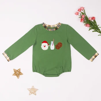 2023 Новый комбинезон с вышивкой Санта-Клауса, одежда для маленьких девочек, Детский бутик, цельный Хлопковый комбинезон в зеленую клетку с круглым вырезом