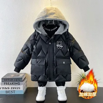 Зимняя пуховая куртка с капюшоном для мальчиков, детское пальто из плотной глянцевой ткани на молнии, детская спортивная повседневная одежда с буквенным принтом на открытом воздухе
