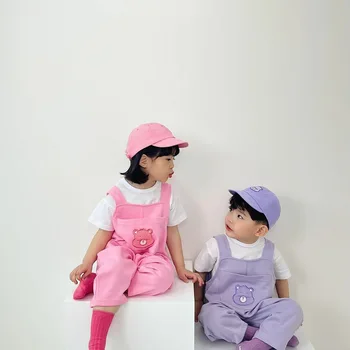 Новая весенняя вышивка с мишкой для малышей 2023, однотонный комбинезон для мальчиков и девочек, Цельные летние Детские подтяжки, Корейская одежда