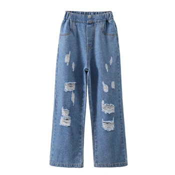 Широкие джинсы для девочек, джинсовые брюки с высокой талией, рваные Свободные брюки с эластичным поясом, детская повседневная одежда, весна-осень