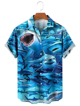 Гавайские рубашки с забавными акулами, летние пляжные рубашки с 3D-принтом 2023, повседневная винтажная одежда, женская блузка с лацканами, обычная рубашка