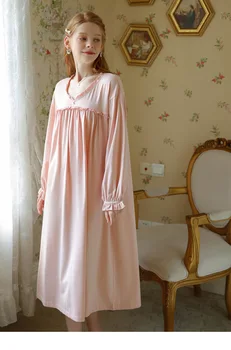 Женское платье для сна, весна-осень, длинный рукав, V-образный вырез, плюс размер, свободная винтажная пижама, хлопковая легкая пижама принцессы